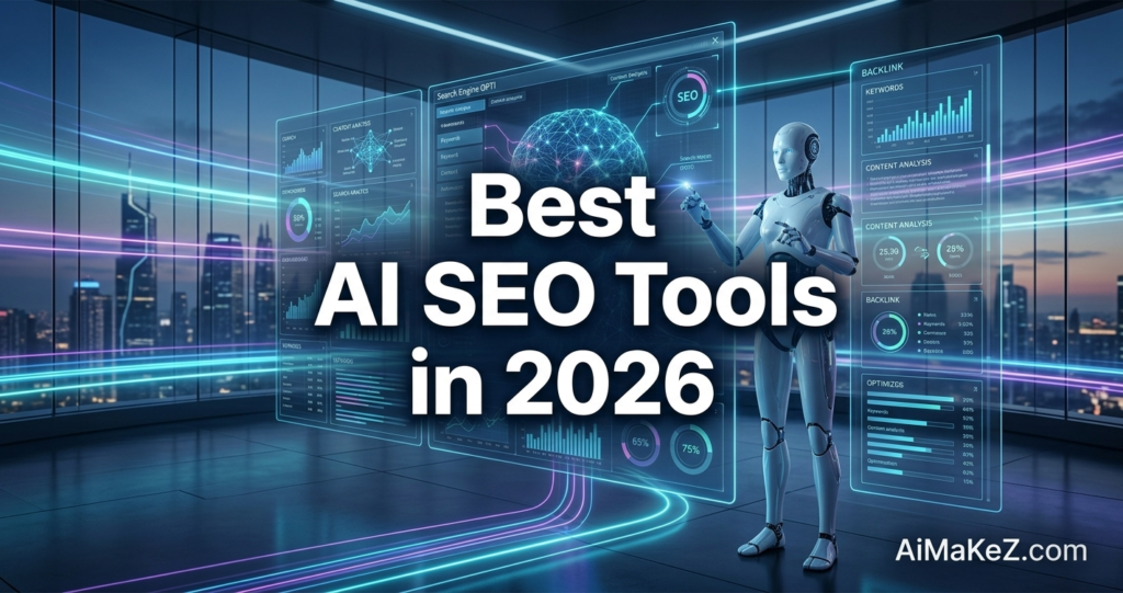 A premium technology review featured banner inside a futuristic high-rise office overlooking a city skyline at dusk. In the center, large bold white text reads "Best AI SEO Tools in 2026". On the right side, a sleek white humanoid robot interacts with floating holographic dashboards displaying optimization metrics, keyword charts, and columns for "BACKLINK" and "CONTENT ANALYSIS". The background features glowing cyan and purple speed data lines, and the watermark "AiMaKeZ.com" rests in the bottom-right corner.