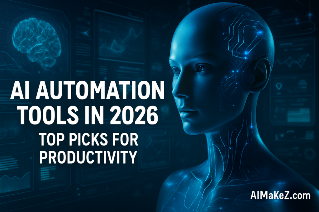 A futuristic blue-themed image featuring a glowing android head and integrated circuit patterns, with bold white text that reads "AI AUTOMATION TOOLS IN 2026: TOP PICKS FOR PRODUCTIVITY" and "AIMakeZ.com."