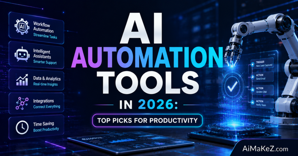 AI Automation Tools in 2026 featured image showing futuristic workflow automation systems, AI-powered business processes, robotic automation, digital dashboards, holographic interfaces, and productivity technology with the title "AI Automation Tools in 2026: Top Picks for Productivity".