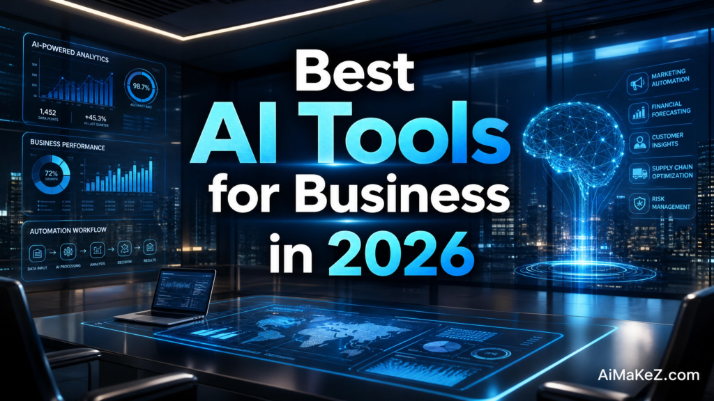 Featured image for AiMaKeZ.com article on Best AI Tools for Business in 2026, showcasing a futuristic boardroom with AI-powered business analytics and automation.