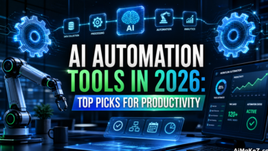 Text: Featured image for AiMaKeZ.com article on AI Automation Tools in 2026, showcasing a futuristic workspace with automated AI workflows.