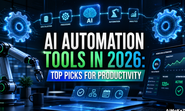 Text: Featured image for AiMaKeZ.com article on AI Automation Tools in 2026, showcasing a futuristic workspace with automated AI workflows.