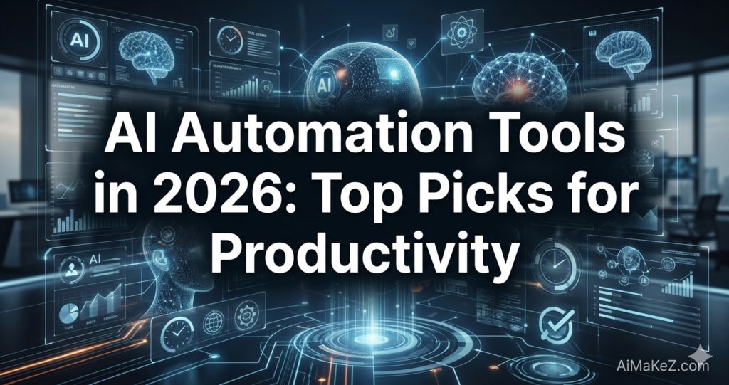 A professional, futuristic featured image with the text "AI Automation Tools in 2026: Top Picks for Productivity" and "AiMaKeZ.com" in a dynamic technology theme.
