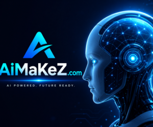 AiMaKeZ.com ad banner featuring a futuristic AI robot head with the text AI Powered, Future Ready