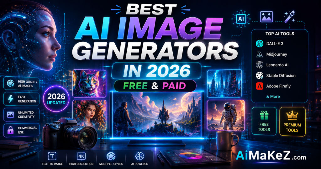 Best AI Image Generators in 2026 featuring popular AI art tools including Midjourney, DALL·E 3, Stable Diffusion, Leonardo AI, Adobe Firefly, and Bing Image Creator in a futuristic technology-themed design.