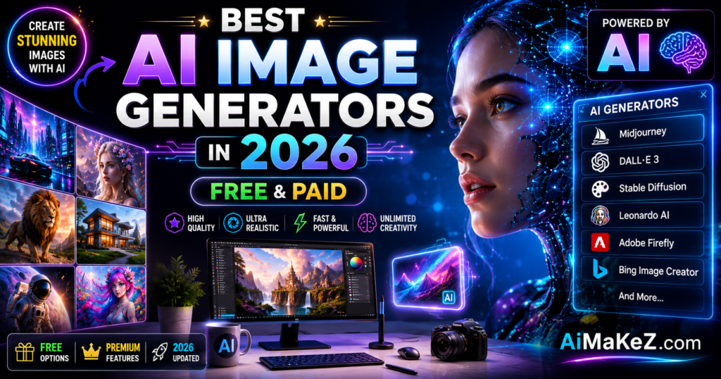 Best AI Image Generators in 2026 featuring popular AI art tools including Midjourney, DALL·E 3, Stable Diffusion, Leonardo AI, Adobe Firefly, and Bing Image Creator in a futuristic technology-themed design.