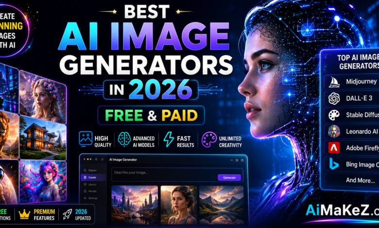 Best AI Image Generators in 2026 featuring popular AI art tools including Midjourney, DALL·E 3, Stable Diffusion, Leonardo AI, Adobe Firefly, and Bing Image Creator in a futuristic technology-themed design.