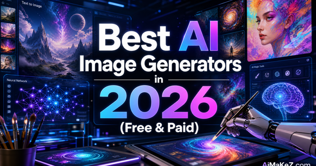 Featured image for AiMaKeZ.com article on Best AI Image Generators in 2026, showcasing a futuristic creative studio interface with generative art.