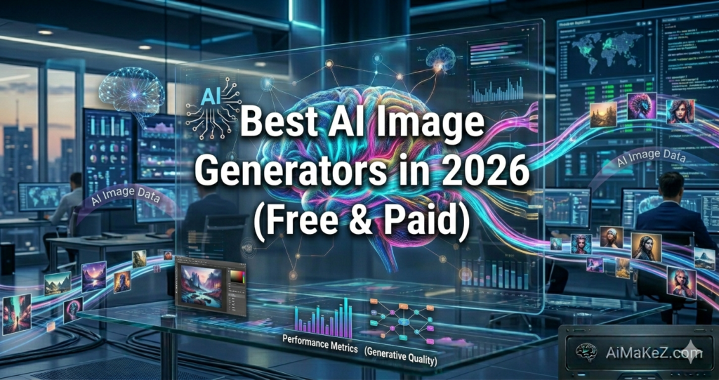 A futuristic high-tech studio environment where a large, central holographic screen displays a vibrant, colorful brain alongside the text "Best AI Image Generators in 2026 (Free & Paid)". Strands of neon data ribbons carry floating, AI-generated digital art pieces across the workspace. Below the main screen, a glass desk features digital editing software interfaces and bar charts labeled "Performance Metrics (Generative Quality)". Technicians work at background stations under cinematic lighting, and the "AiMaKeZ.com" logo is visible on a sleek panel in the bottom-right corner.