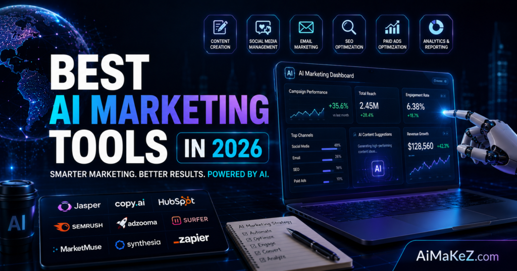Best AI Marketing Tools in 2026 featured image showing AI-powered marketing dashboard, automation software, SEO optimization, analytics, email marketing, social media management, and futuristic digital marketing technology with the title "Best AI Marketing Tools in 2026".