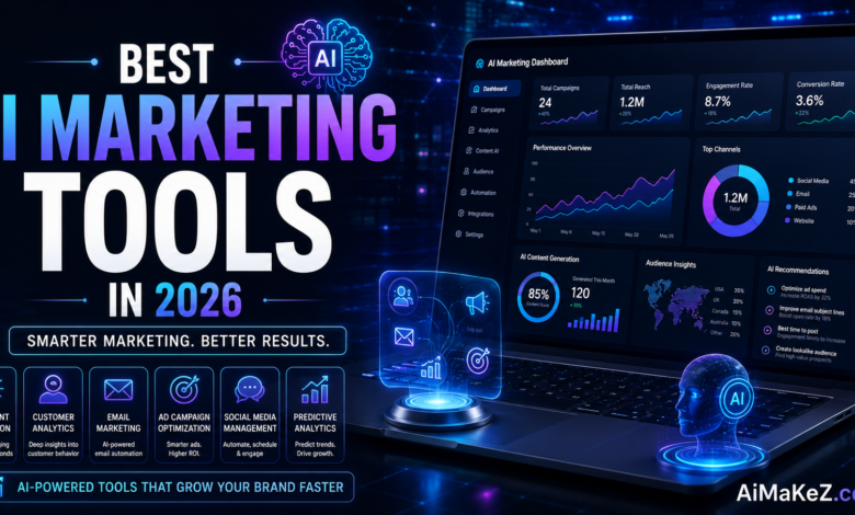 Best AI Marketing Tools in 2026 featuring AI-powered marketing dashboards, campaign automation, customer analytics, email marketing, predictive analytics, and digital marketing technology.