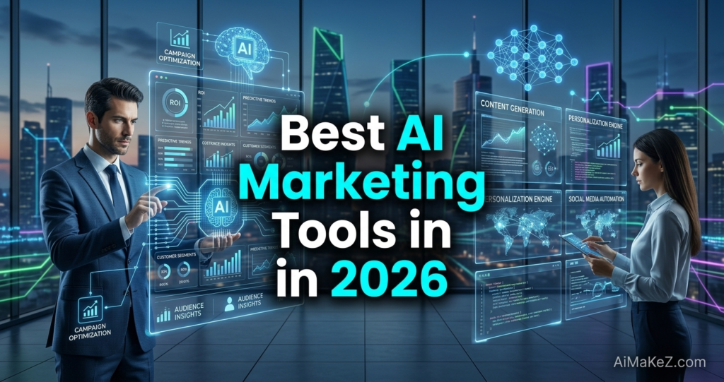 A premium technology review featured banner inside a futuristic corporate office overlooking a glowing city skyline at night. In the center, large bold white and bright cyan text reads "Best AI Marketing Tools in 2026". On the left, a businessman in a dark blue tailored suit interacts with a transparent screen showing "CAMPAIGN OPTIMIZATION" metrics, predictive graphs, and circuit lines leading to an AI brain icon. On the right, a businesswoman reviews multi-panel screens displaying "CONTENT GENERATION", "PERSONALIZATION ENGINE", and "SOCIAL MEDIA AUTOMATION" maps. The watermark "AiMaKeZ.com" rests in the bottom-right corner.
