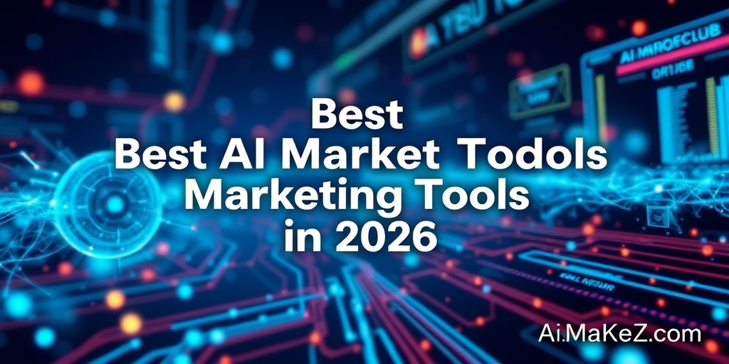 A futuristic tech featured image banner featuring an abstract dark cyber background. The backdrop is filled with glowing red and blue motherboard circuit lines, blurred light particles, a cyan radar circle on the left, and distant data screens labeled "AI MIROFCLUB". Centered on the image is bold white text that reads "Best Best AI Market Todols Marketing Tools in 2026". The brand text "AiMaKeZ.com" is visible in the bottom-right corner.