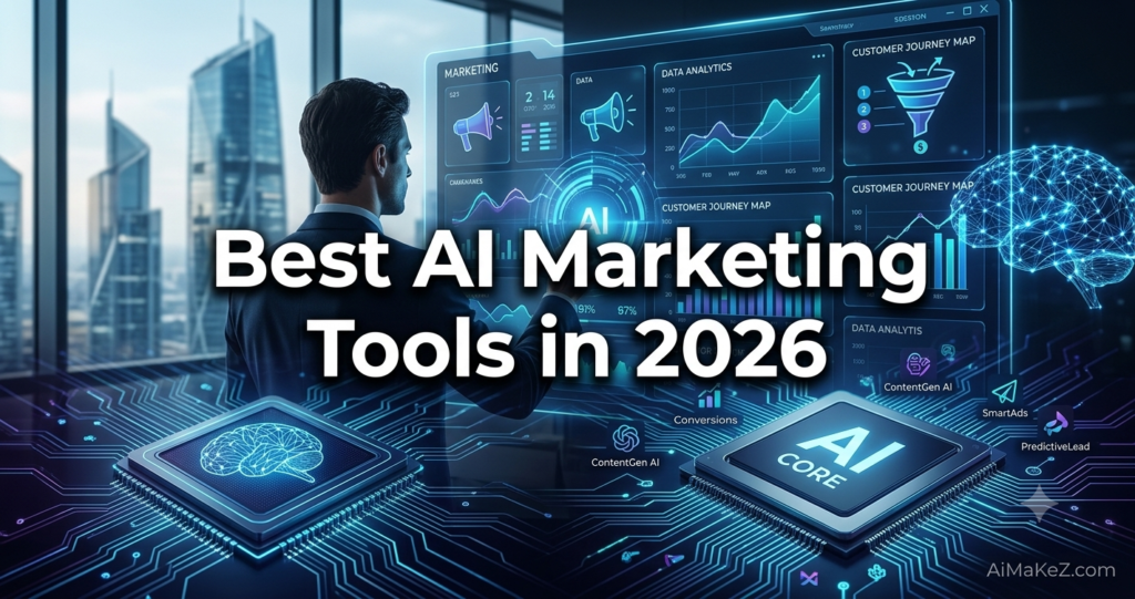 A premium 1200x630 technology featured image for AiMaKeZ.com titled 'Best AI Marketing Tools in 2026' showing a businessman analyzing digital dashboards, customer journey maps, and futuristic AI core microchips.