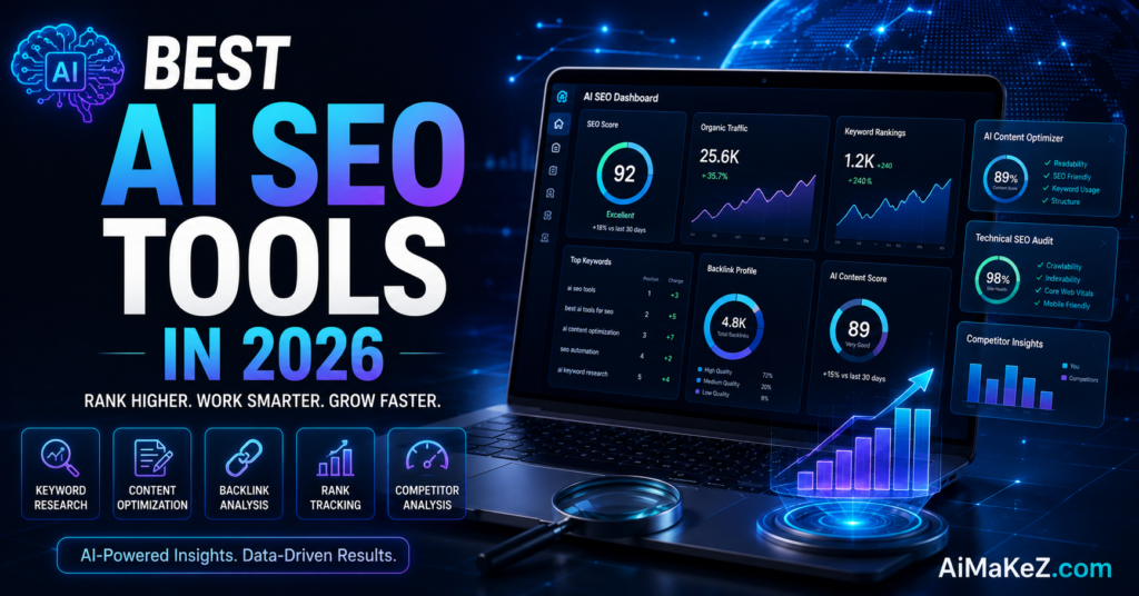 Best AI SEO Tools in 2026 featuring AI-powered SEO dashboards, keyword research, content optimization, backlink analysis, rank tracking, and advanced search engine optimization technology.