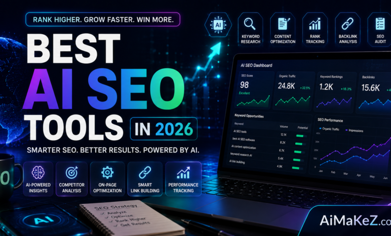 Best AI SEO Tools in 2026 featured image showing AI-powered SEO dashboard, keyword research tools, backlink analysis, rank tracking, content optimization, and futuristic digital marketing technology with the title "Best AI SEO Tools in 2026".