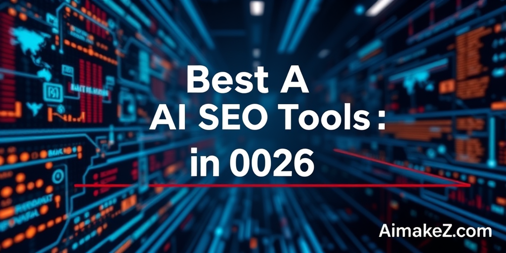 A premium technology featured image banner with a futuristic, cybernetic background. The background features complex, fast-moving digital data streams, glowing server rack layouts, circuit board graphics, and red and blue interface grids. In the center, large bold white text reads "Best AI SEO Tools : in 2026". The bottom-right corner displays the subtle brand watermark text "AimakeZ.com".