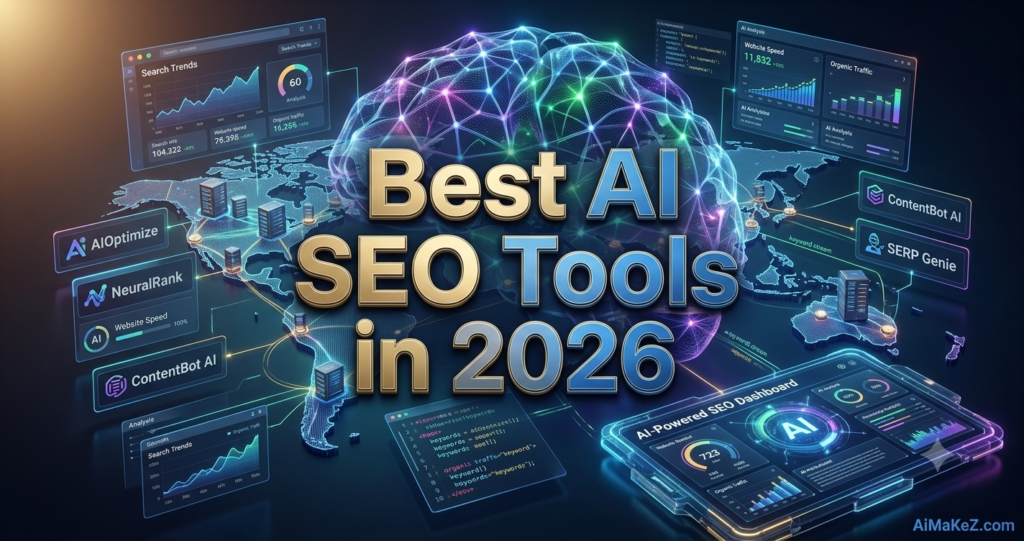 A futuristic tech magazine cover featured image for a blog article titled "Best AI SEO Tools in 2026", showcasing digital interfaces, data streams, and AI concepts on AiMaKeZ.com.