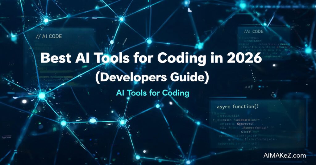 A futuristic image showing a network of glowing blue data connections and data points on a dark background. Embedded screens display text like "// AI CODE" and an "async function()." Central white text reads: "Best AI Tools for Coding in 2026 (Developers Guide)." Below it, the keyword "AI Tools for Coding" is in a smaller teal font. A website URL, AiMAKEZ.com, is in the bottom right. This image is a resource guide for software developers.