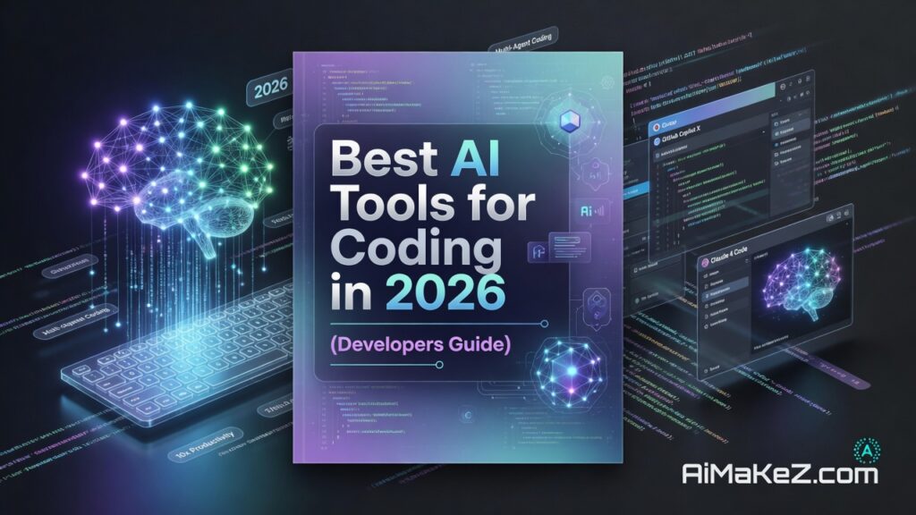 A futuristic, multi-screen digital workstation with glowing lines of code, a virtual neural network brain, and windows showing an "AI Code Assistant," "Multi-Agent Coding Dashboard," and "Advanced Neural Network Architecture." The central screens display text "Best AI Tools for Coding in 2026 (Developers Guide)." The workstation is connected by glowing wires and is set against a dark, technologically rich background.