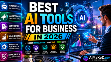 Best AI Tools for Business in 2026 featured image showing AI-powered business software, analytics dashboards, workflow automation, marketing tools, CRM systems, digital assistants, and futuristic business technology interfaces.