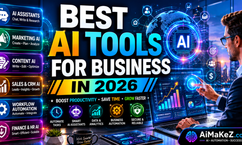 Best AI Tools for Business in 2026 featured image showing AI-powered business software, analytics dashboards, workflow automation, marketing tools, CRM systems, digital assistants, and futuristic business technology interfaces.