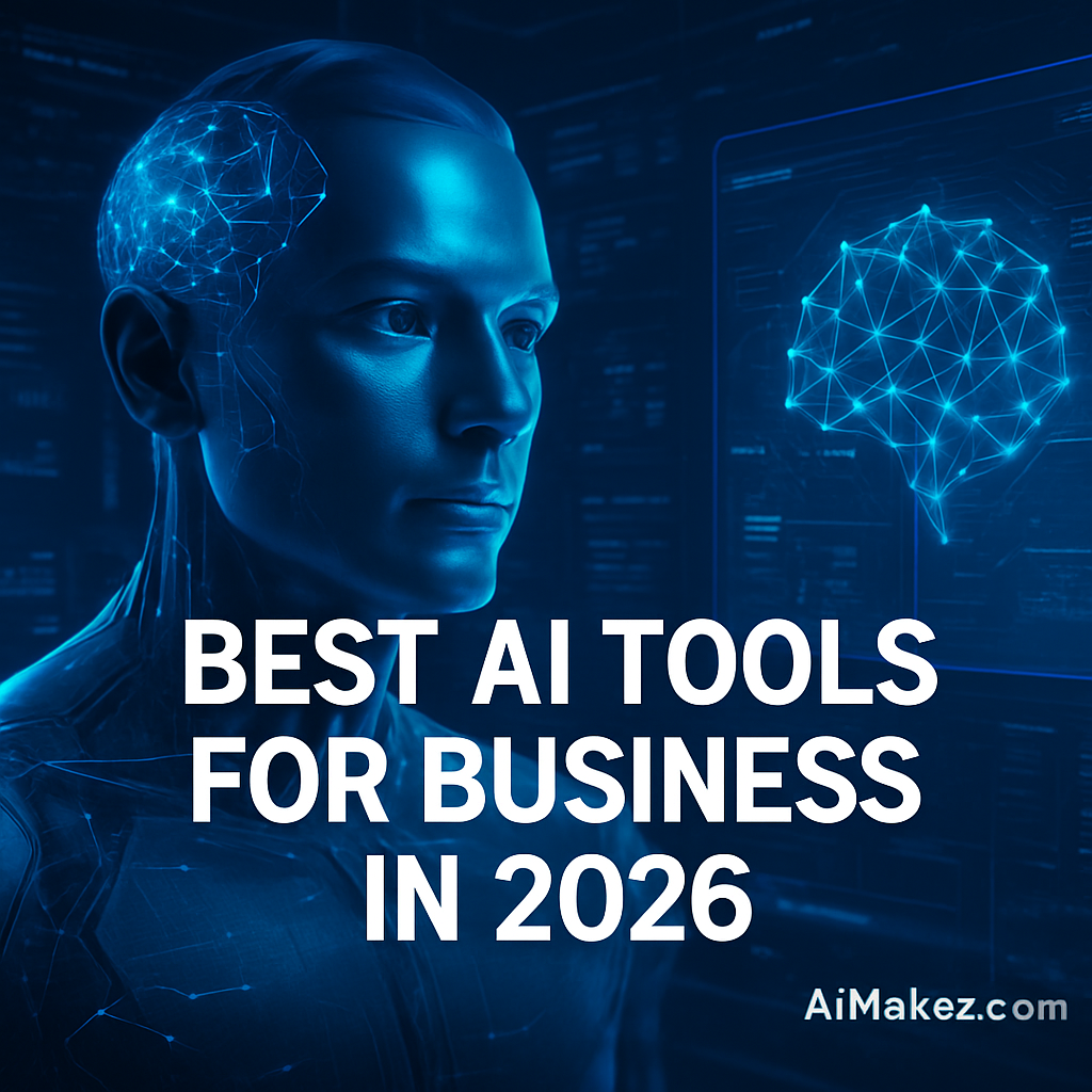 A premium tech-themed featured image in monochromatic dark blue tones. On the left is a 3D side profile illustration of a human android head with an illuminated neural network brain pattern. The bold white text in the center reads "BEST AI TOOLS FOR BUSINESS IN 2026". To the right, a floating transparent digital dashboard displays a glowing geometric brain icon and faint data lines. The watermark "AiMakez.com" sits neatly in the bottom-right corner.