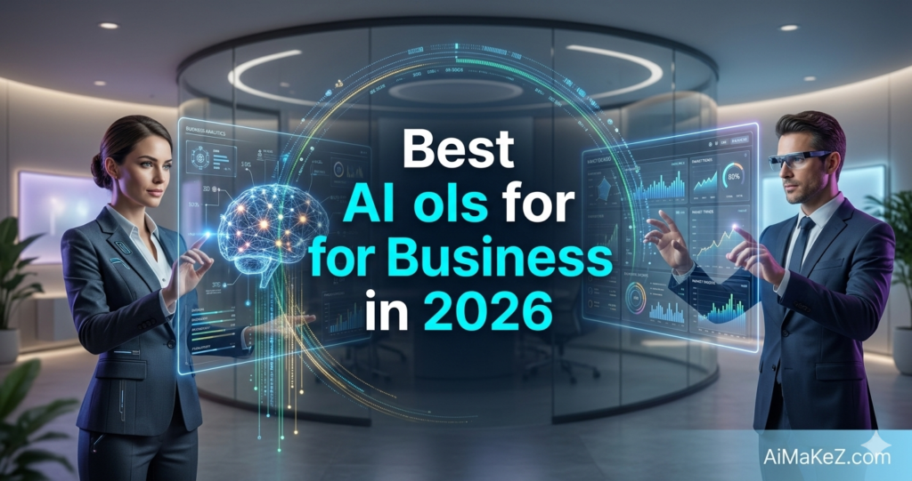 A premium technology featured image showing a professional corporate setting with a glass conference room background. A businesswoman in a sharp dark suit on the left interacts with a floating digital hologram of a human brain with glowing neural data points. A businessman wearing smart AR glasses on the right interacts with a transparent screen displaying financial analytics and charts. Large, bold cyan and white text in the center reads "Best AI Tools for Business in 2026". The official watermark "AiMakeZ.com" is visible in the bottom-right corner.