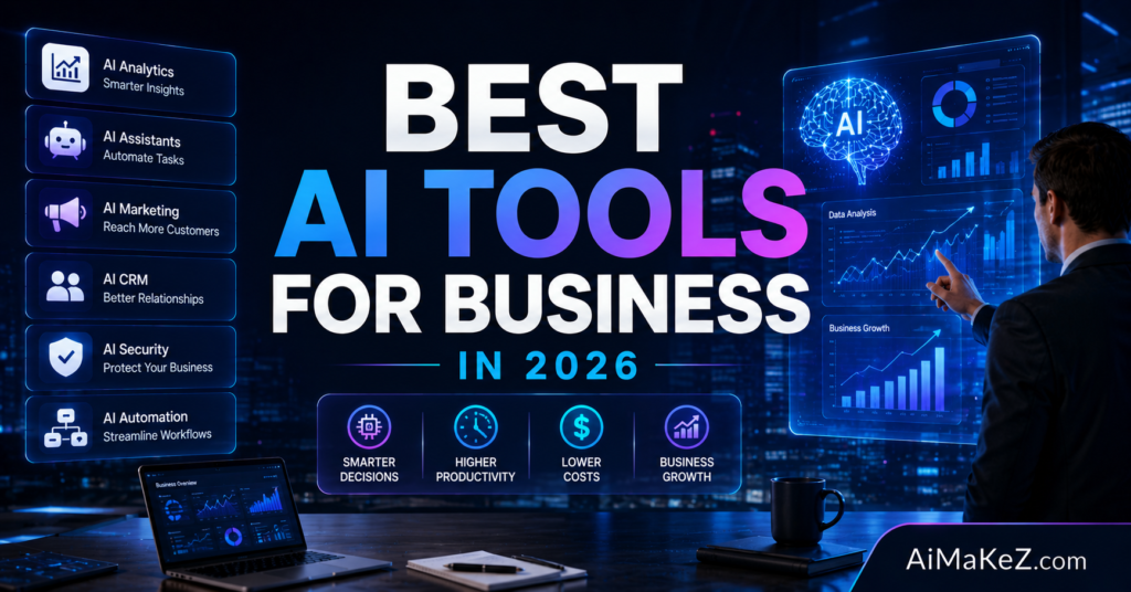 A premium tech blog featured image with a dark cityscape background at night. In the center, large bold text reads "BEST AI TOOLS FOR BUSINESS IN 2026". On the left side, a blue vertical menu lists categories like AI Analytics, AI Assistants, AI Marketing, AI CRM, AI Security, and AI Automation. On the right, a businessman in a suit interacts with a transparent screen showing a glowing digital brain and data graphs. A laptop, notebook, and coffee mug sit on a wooden desk in the foreground, with the "AiMaKeZ.com" watermark in the bottom-right corner.