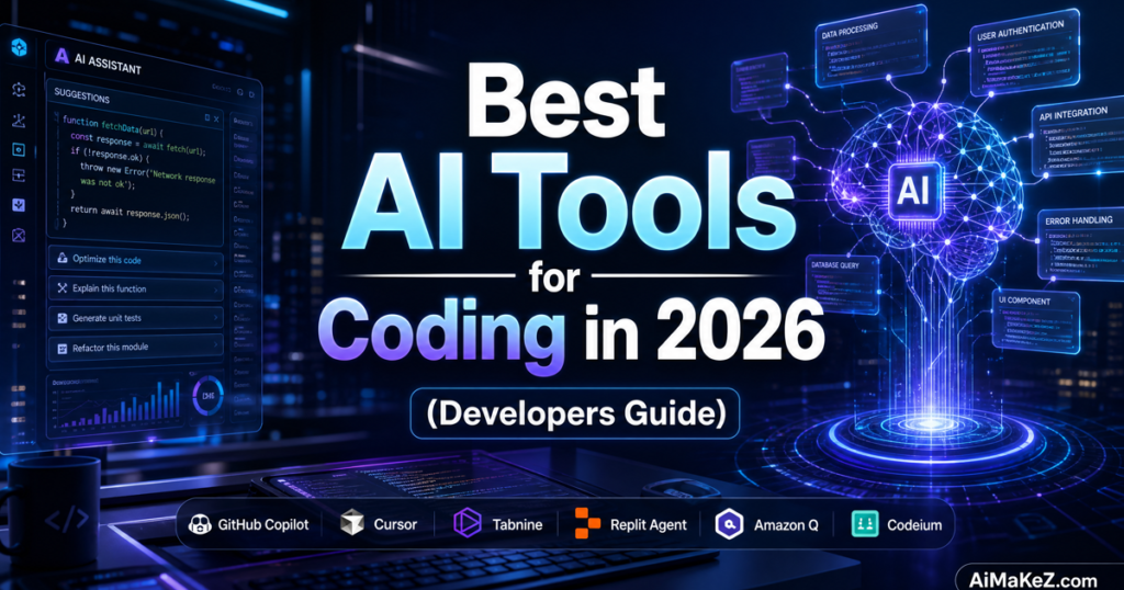 Featured image for AiMaKeZ.com article on Best AI Tools for Coding in 2026, showcasing a futuristic developer workspace with AI-assisted coding.