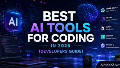 Best AI Tools for Coding in 2026 featured image showing futuristic coding interfaces, AI programming assistants, neural networks, developer dashboards, and advanced software development technology with the title "Best AI Tools for Coding in 2026 (Developers Guide)".
