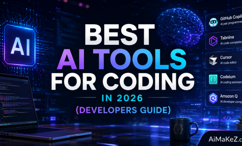 Best AI Tools for Coding in 2026 featured image showing futuristic coding interfaces, AI programming assistants, neural networks, developer dashboards, and advanced software development technology with the title "Best AI Tools for Coding in 2026 (Developers Guide)".