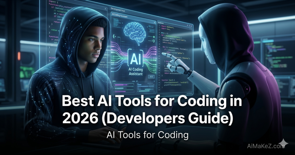 A young programmer and a robot collaborator work together on holographic code, title reading 'Best AI Tools for Coding in 2026 (Developers Guide)'.