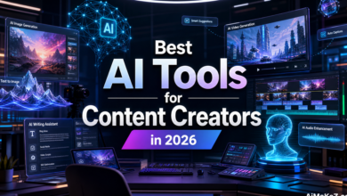 Featured image for AiMaKeZ.com article on Best AI Tools for Content Creators in 2026, showcasing a futuristic studio with AI-powered creative tools.