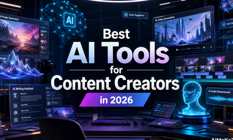 Featured image for AiMaKeZ.com article on Best AI Tools for Content Creators in 2026, showcasing a futuristic studio with AI-powered creative tools.