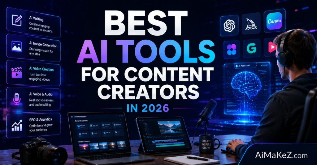 Best AI Tools for Content Creators in 2026 featured image showing AI-powered content creation tools, video editing software, image generation platforms, digital creator workspace, neural networks, and futuristic technology interfaces.