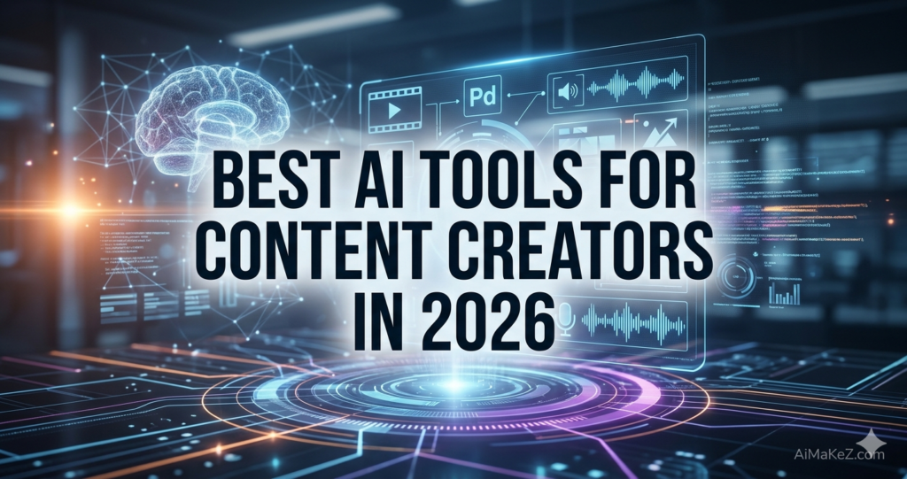 A futuristic blog featured image showing a neural brain, video editing and audio interface holograms, and digital data. Bold text reads "BEST AI TOOLS FOR CONTENT CREATORS IN 2026" with the AiMaKeZ.com watermark.