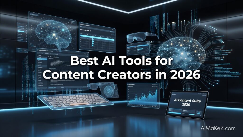 A professional high-tech featured image for the blog post 'Best AI Tools for Content Creators in 2026' on AiMaKeZ.com. The scene is a futuristic digital workspace with a glass keyboard, multiple floating holograms, brain scans, and AR glasses. A central bold title reads 'Best AI Tools for Content Creators in 2026' with smaller supporting screens displaying 'AI Content Suite 2026' and data graphs.