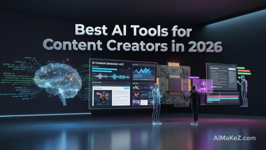 A dynamic illustration of diverse digital creators using advanced, holographic AI content generation tools in a futuristic dark studio.
