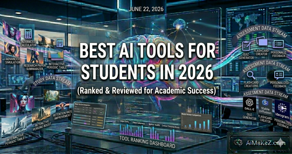A premium, high-tech educational technology laboratory setting where a large transparent holographic display showcases the text "BEST AI TOOLS FOR STUDENTS IN 2026 (Ranked & Reviewed for Academic Success)". The central screen contains an intricate human brain glowing with vibrant cyan and magenta neural pathways. To the left, a "Study Data Stream" displays features like a research-paper summarizer and interactive periodic table. To the right, an "Assessment Data Stream" maps out features such as a quiz generator and flashcard creator. A "Tool Ranking Dashboard" bar graph sits on the glass desk below, with an "AiMaKeZ.com" branded watermark unit in the bottom right corner.