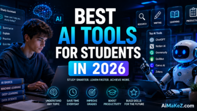 Best AI Tools for Students in 2026 featuring a student using advanced AI study assistants, productivity tools, and futuristic educational technology in a modern digital learning environment.