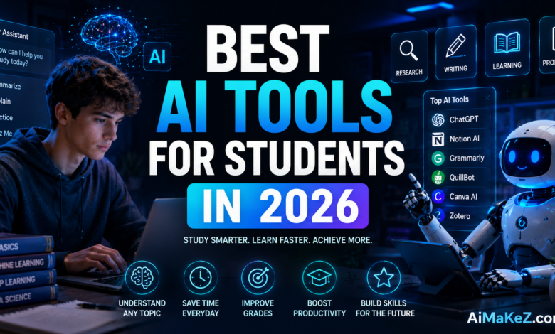 Best AI Tools for Students in 2026 featuring a student using advanced AI study assistants, productivity tools, and futuristic educational technology in a modern digital learning environment.