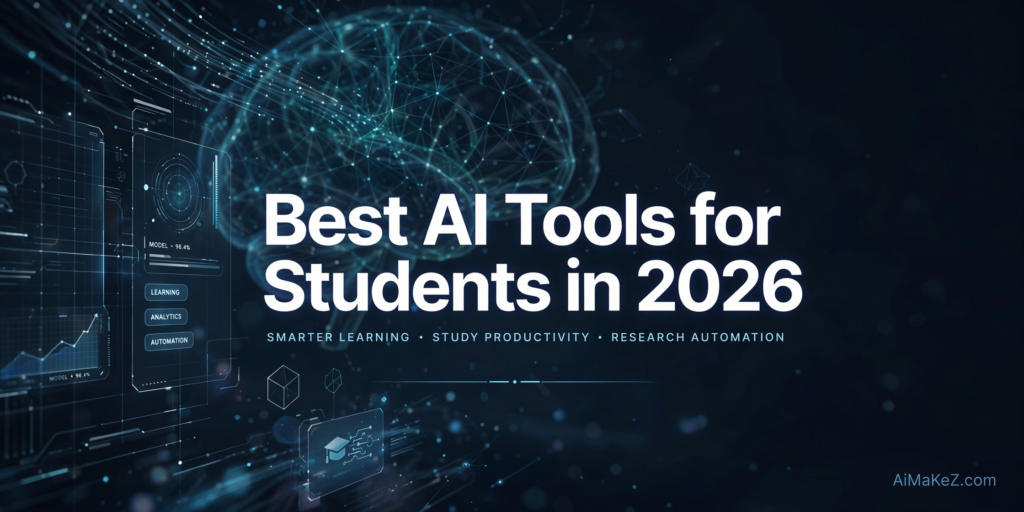 A futuristic and professional blog featured image titled "Best AI Tools for Students in 2026", with a subtle watermark for AiMaKeZ.com in the bottom-right corner. The composition features clean typography in the center, and ultra-realistic, futuristic AI visuals, including digital interfaces, data streams, and a glowing neural network brain. The lighting is cinematic, with professional depth.