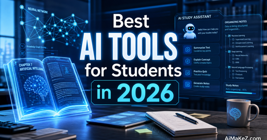 Featured image for AiMaKeZ.com article on Best AI Tools for Students in 2026, showcasing a futuristic study environment with AI assistants.