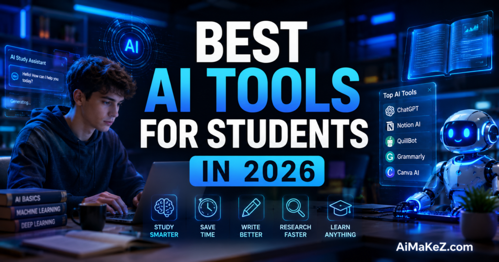 A premium, ultra-realistic blog featured image titled "BEST AI TOOLS FOR STUDENTS IN 2026" with high-tech branding. On the left, a young male student types on a laptop next to stacked textbooks labeled AI Basics, Machine Learning, and Deep Learning. Floating holographic interfaces display an "AI Study Assistant" chat box, an open digital book, and a "Top AI Tools" menu listing ChatGPT, Notion AI, QuillBot, Grammarly, and Canva AI next to a small friendly robot helper. The footer features glowing icons for Study Smarter, Save Time, Write Better, Research Faster, and Learn Anything, with a subtle "AiMakeZ.com" watermark in the bottom right corner.