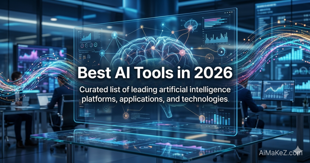 A futuristic office setting with people interacting with a large hologram of a brain. The text "Best AI Tools in 2026" and a description are displayed on the hologram. The logo AiMakeZ.com is in the bottom right corner.