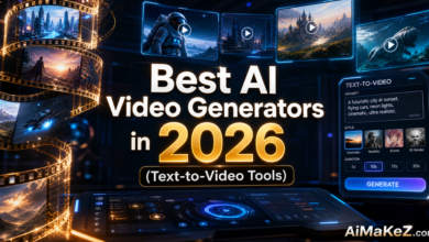 Featured image for AiMaKeZ.com article on Best AI Video Generators in 2026, showcasing a futuristic cinematic production interface with text-to-video tools.