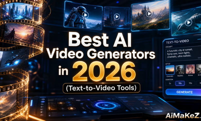 Featured image for AiMaKeZ.com article on Best AI Video Generators in 2026, showcasing a futuristic cinematic production interface with text-to-video tools.