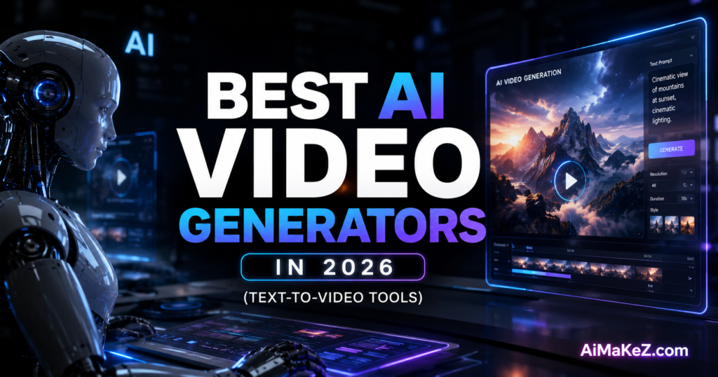 Best AI Video Generators in 2026 featuring futuristic AI technology, text-to-video creation interface, holographic digital displays, and advanced artificial intelligence tools for video generation.