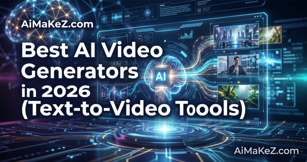 Hero banner showing “Best AI Video Generators in 2026 (Text-to-Video Tools)” with AI brain chip graphic and sample video thumbnails for city, avatar, and jungle scenes, branded with AiMaKeZ.com